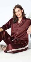 Zeyo Womens Satin Solid Plain Side Panel Night Suits Maroon Shirt & Pyjama set