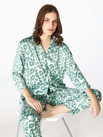Zeyo Womens Satin Cheetah Printed Night Suits Green Shirt & Pyjama set