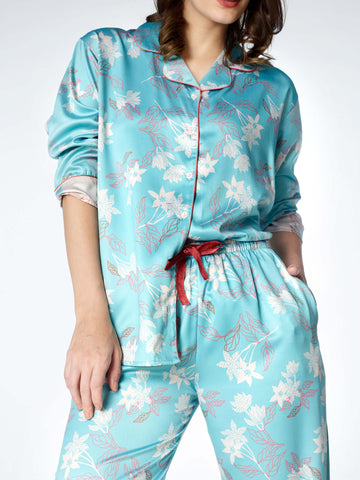 Zeyo Womens Satin Floral Printed Night Suits Light Blue Shirt & Pyjama set