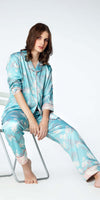 Zeyo Womens Satin Floral Printed Night Suits Light Blue Shirt & Pyjama set