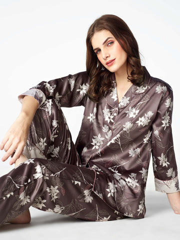 Zeyo Womens Satin Floral Printed Night Suits Brown Shirt & Pyjama set