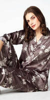 Zeyo Womens Satin Floral Printed Night Suits Brown Shirt & Pyjama set