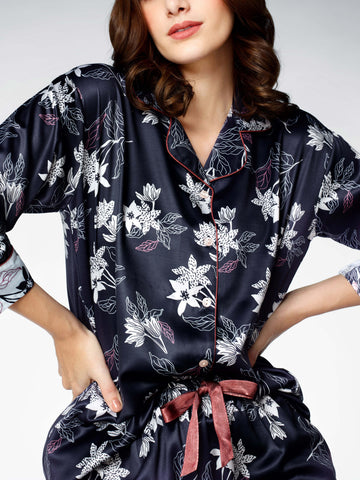Zeyo Womens Satin Floral Printed Night Suits Navy Blue Shirt & Pyjama set