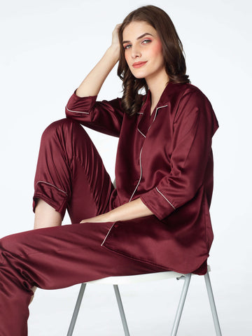 Zeyo Womens Satin Solid Plain Night Suits Maroon Shirt & Pyjama set