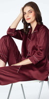 Zeyo Womens Satin Solid Plain Night Suits Maroon Shirt & Pyjama set