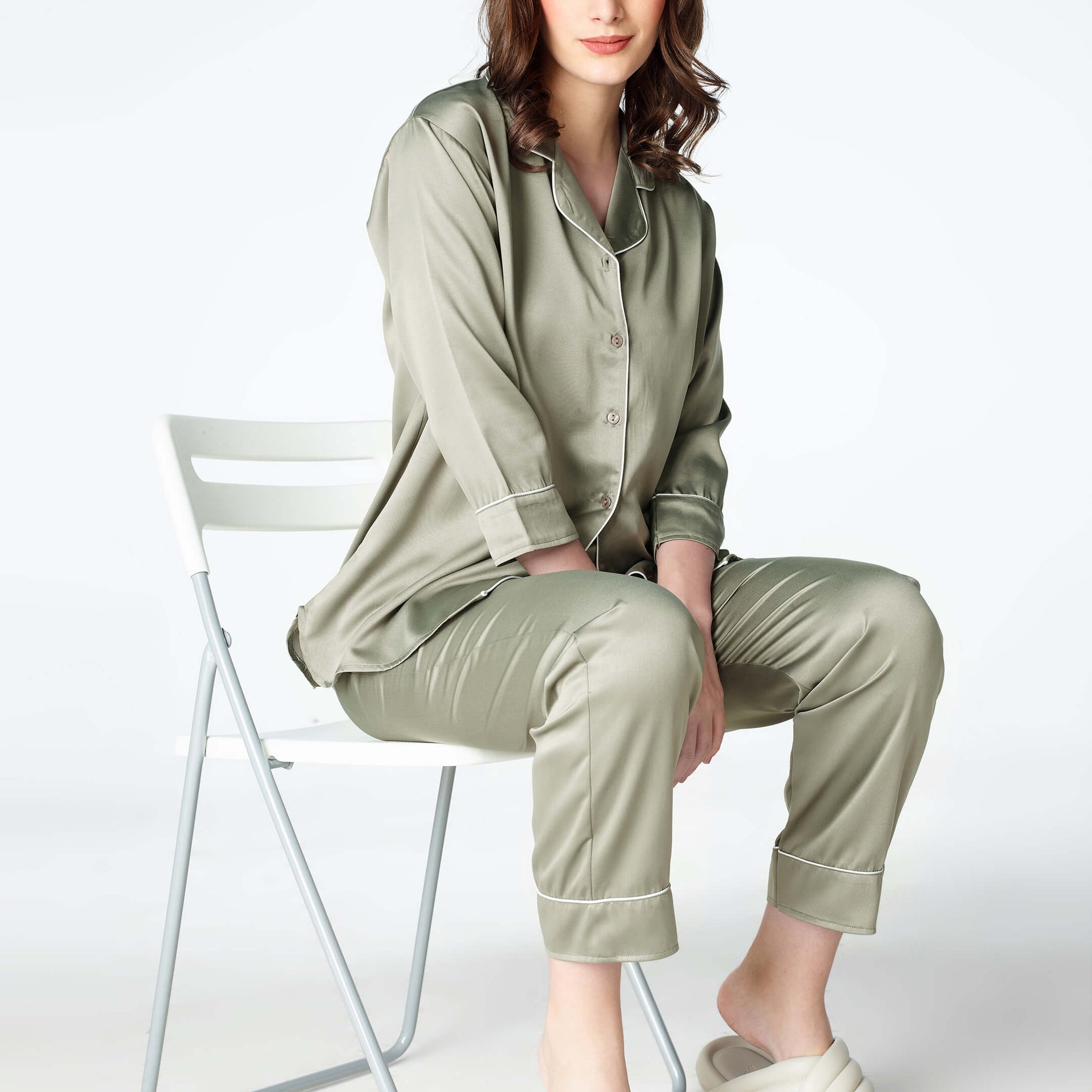 Zeyo Womens Satin Solid Plain Night Suits Olive Green Shirt & Pyjama set