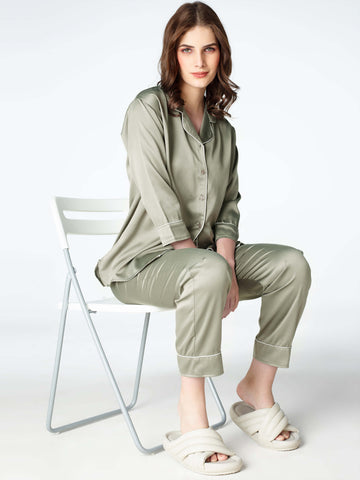 Zeyo Womens Satin Solid Plain Night Suits Olive Green Shirt & Pyjama set