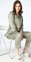 Zeyo Womens Satin Solid Plain Night Suits Olive Green Shirt & Pyjama set