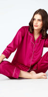 Zeyo Womens Satin Solid Plain Night Suits Cherry Pink Shirt & Pyjama set
