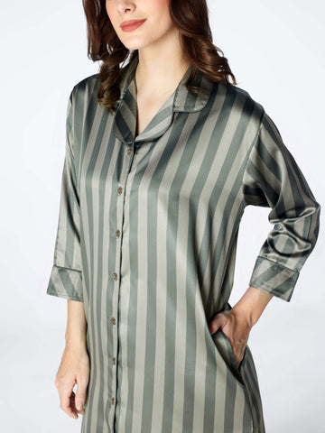 Zeyo Women Satin Olive Green Stripes Print Night Dress Sleep shirt