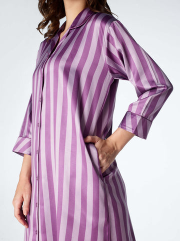 Zeyo Women Satin Purple Stripes Print Night Dress  Sleep shirt