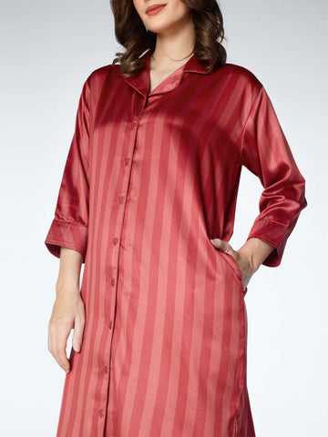 Zeyo Women Satin Red Stripes Print Night Dress Sleep shirt