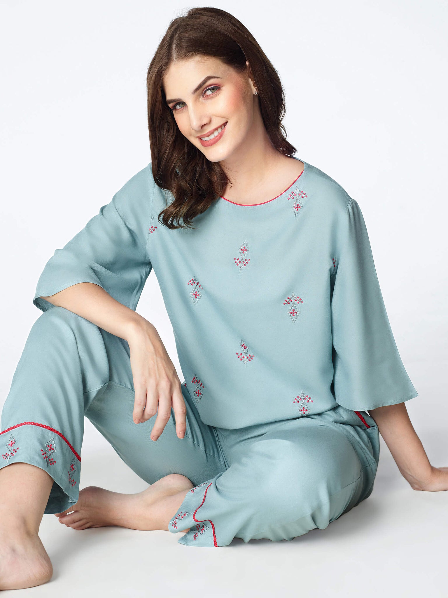 Zeyo Womens Rayon Embroidery Floral Printed Night Suits Light Blue CropTop Pajama set