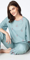 Zeyo Womens Rayon Embroidery Floral Printed Night Suits Light Blue CropTop Pajama set
