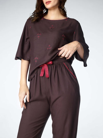 Zeyo Womens Rayon Embroidery Floral Printed Night Suits Brown CropTop Pajama set