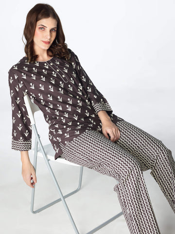 Zeyo Womens Rayon Leaf Floral Printed Night Suits Brown Top Pajama set