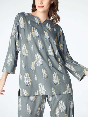 Zeyo Womens Rayon Floral Printed Night Suits Dark Grey Top Pajama set