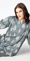 Zeyo Womens Rayon Floral Printed Night Suits Dark Grey Top Pajama set