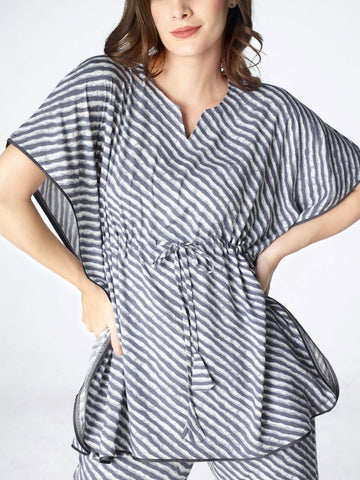 Zeyo Womens Rayon Stripes Printed Night Suits Light Grey Kaftan Pajama set