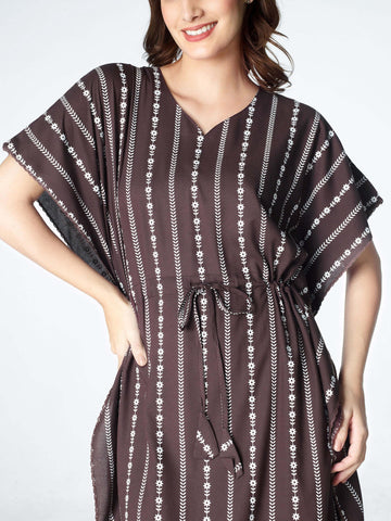 Zeyo Women Rayon Light Brown Stripe Floral Printed Kaftan Night Dress