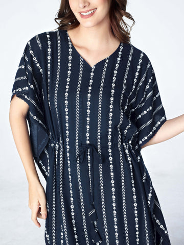 Zeyo Women Rayon Navy Blue Stripe Floral Printed Kaftan Night Dress