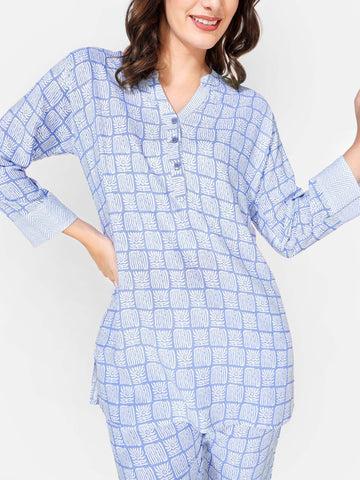 ZEYO Womens Rayon Floral Printed Night Suits Light Blue Top & Pajama set