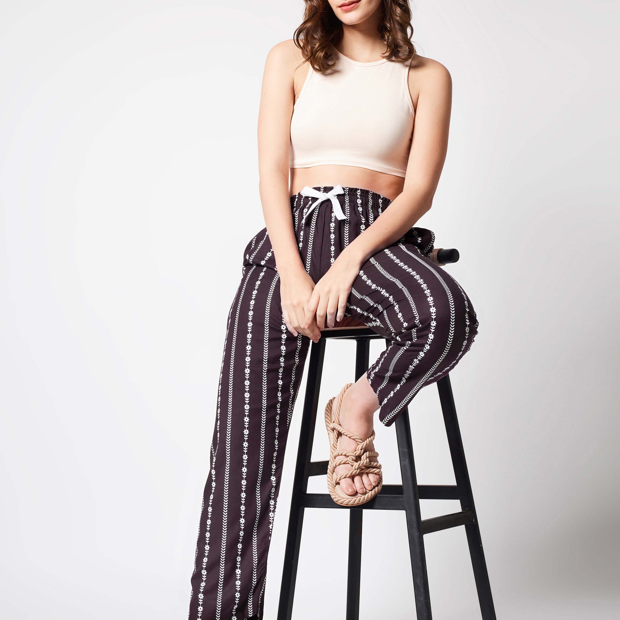 Zeyo Womens Rayon Stripe Floral Printed Brown Pajama