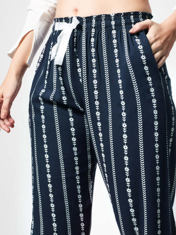 Zeyo Womens Rayon Stripe Floral Printed Navy Blue Pajama