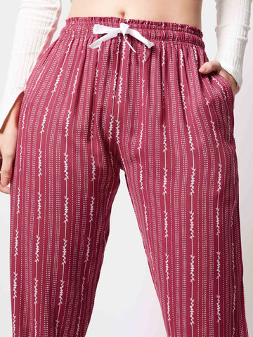 Zeyo Womens Rayon Stripes Printed Red Pajama