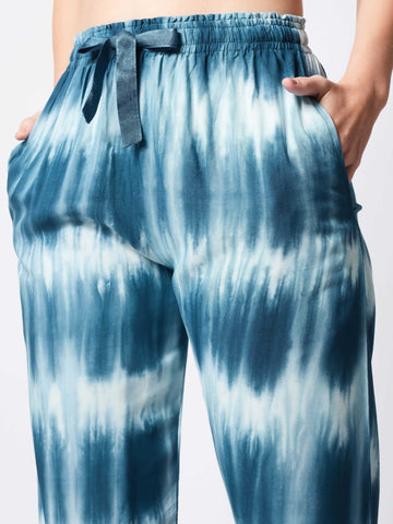 Zeyo Womens Rayon Tie Dye Printed Light Blue Pajama
