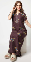 Zeyo Women Rayon Brown Floral Embroidery Nighty