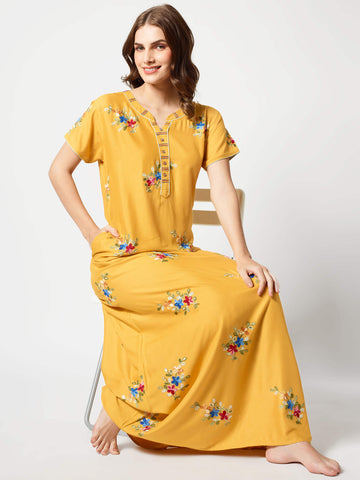 Zeyo Women Rayon Yellow Floral Embroidery Nighty