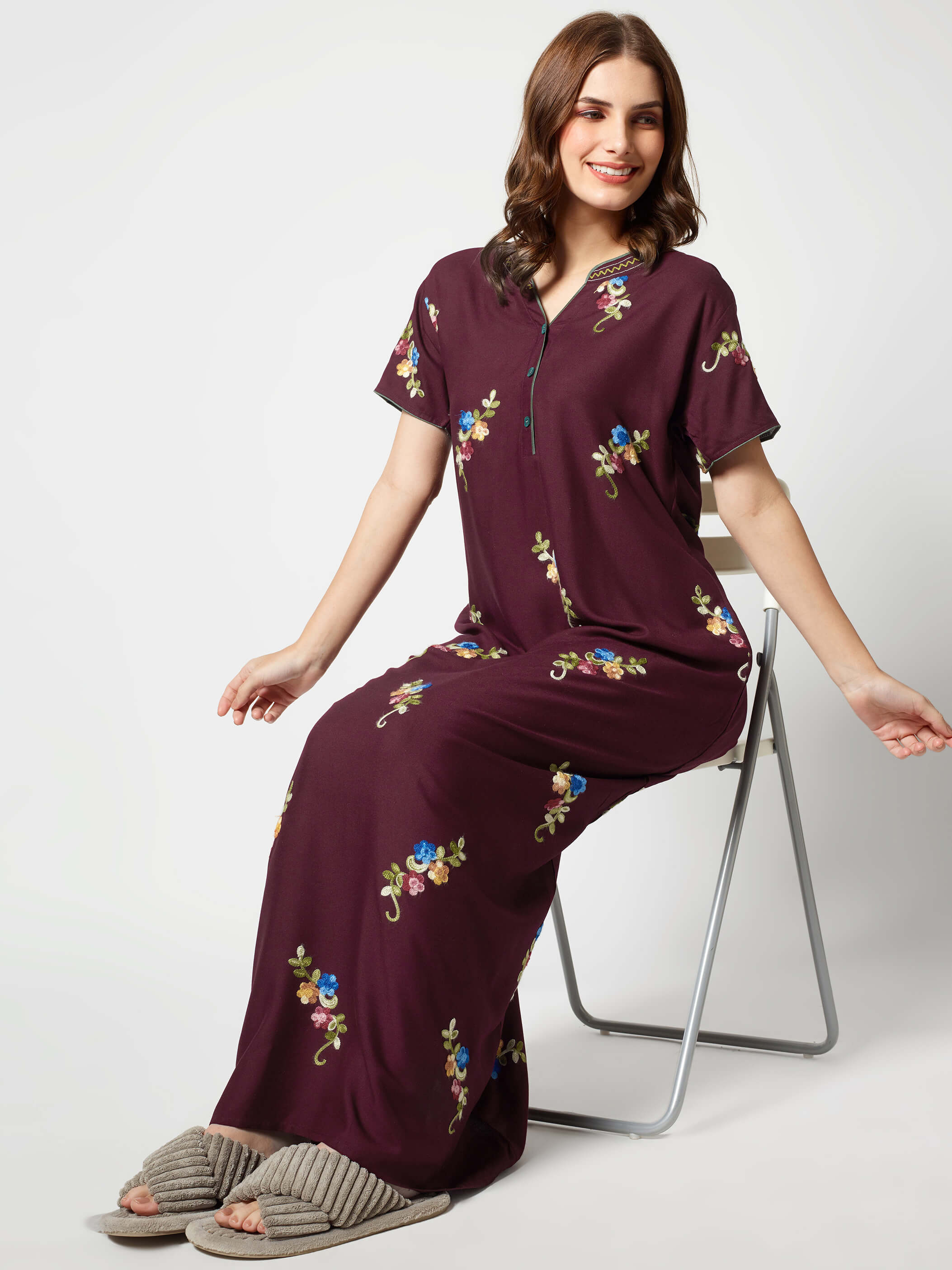 Zeyo Women Rayon Brown Floral Embroidery Nighty