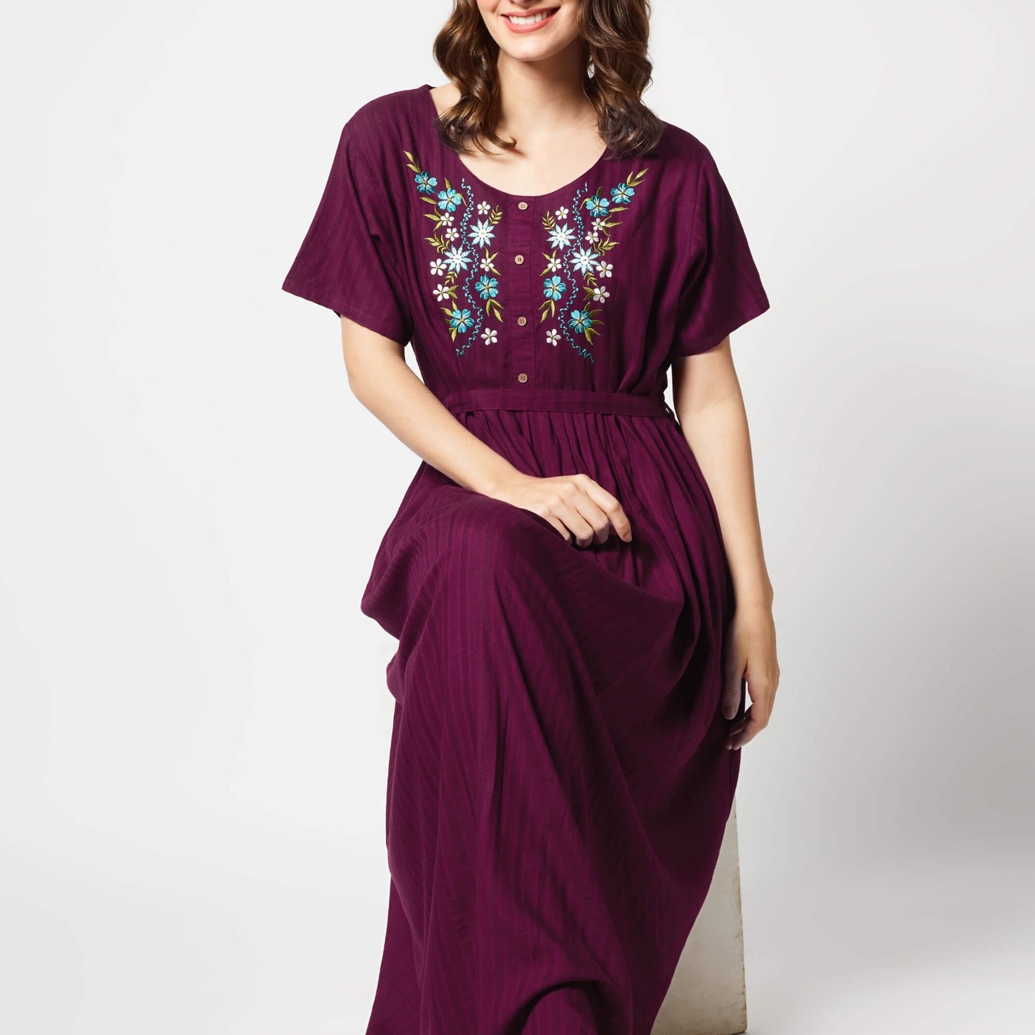 Zeyo Women Rayon Purple Floral Embroidery Ghera Nighty