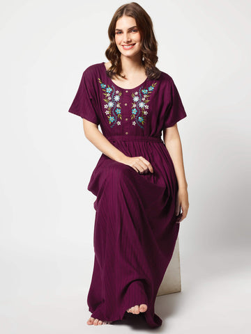Zeyo Women Rayon Purple Floral Embroidery Ghera Nighty
