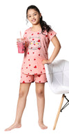 ZEYO Girl's Cotton Heart Printed Pink Night Suit Set of Top & Shorts