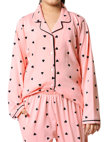 ZEYO Girl's Cotton Heart Printed Peach Night Suit Set of Shirt & Pyjama