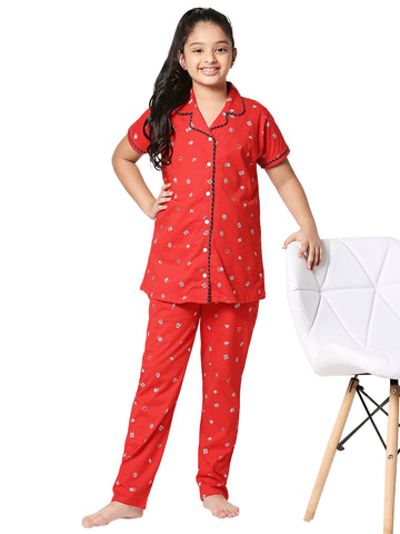 ZEYO Girl's Cotton Printed Red Night Suit Set of Shirt & Pyjama