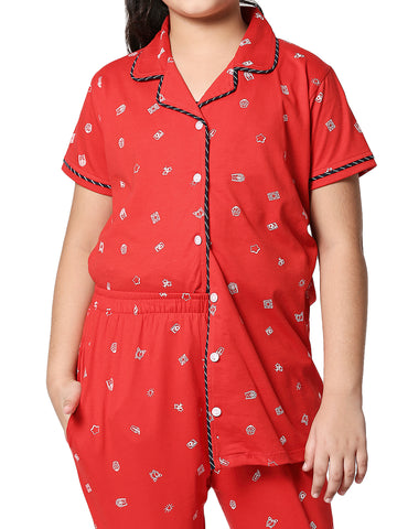 ZEYO Girl's Cotton Printed Red Night Suit Set of Shirt & Pyjama