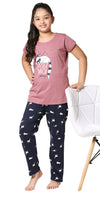 ZEYO Girl's Cotton Cat Printed Brown Night Suit Set of Top & Pyjama