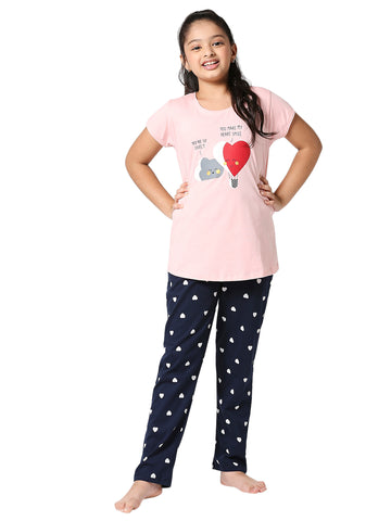 ZEYO Girl's Cotton Heart Printed Peach Night Suit Set of Top & Pyjama