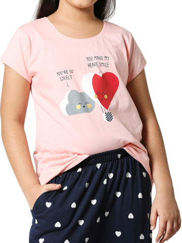 ZEYO Girl's Cotton Heart Printed Peach Night Suit Set of Top & Pyjama