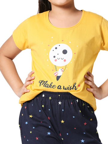 ZEYO Girl's Cotton Star Printed Yellow Night Suit Set of Top & Pyjama