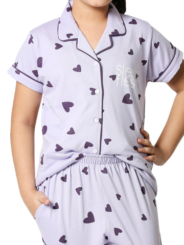 ZEYO Girl's Cotton Heart Printed Violet Night Suit Set of Shirt & Pyjama