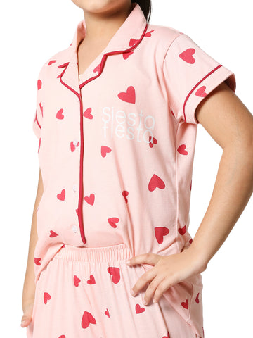 ZEYO Girl's Cotton Heart Printed Pink Night Suit Set of Shirt & Pyjama 5506