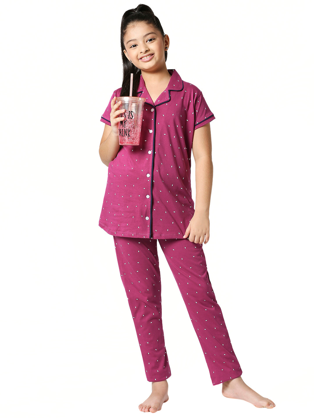 ZEYO Girl's Cotton Flash Printed Purple Night Suit Set of Shirt & Pyjama