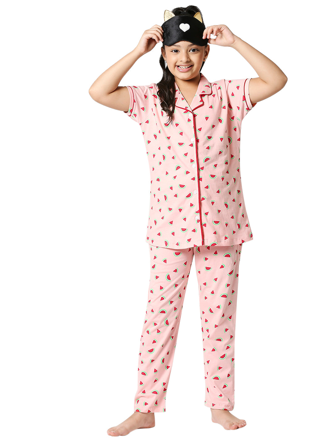 ZEYO Girl's Cotton Water Melon Printed Pink Night Suit Set of Shirt & Pyjama