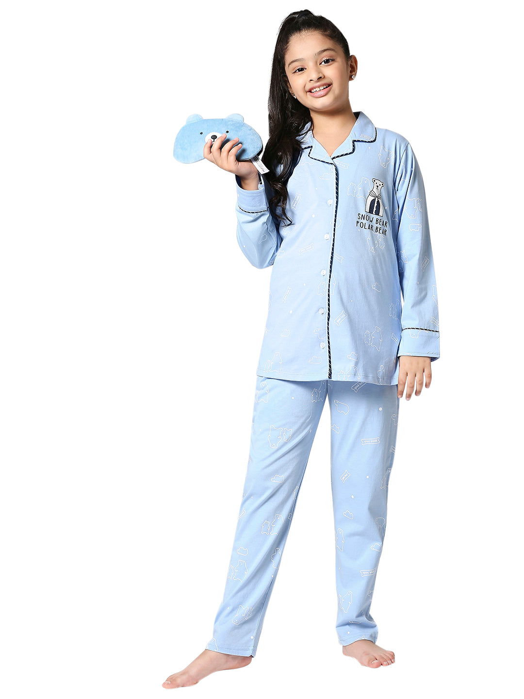 ZEYO Girl's Cotton Polar Bear Printed Blue Night Suit Set of Shirt & Pyjama
