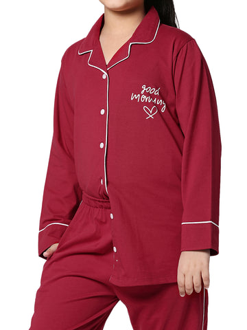 ZEYO Girl's Cotton Solid Plain Red Night Suit Set of Shirt & Pyjama