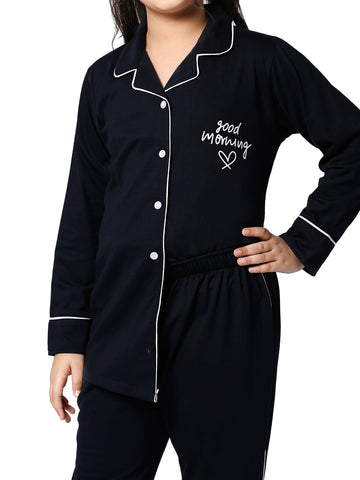 ZEYO Girl's Cotton Solid Plain Navy Blue Night Suit Set of Shirt & Pyjama